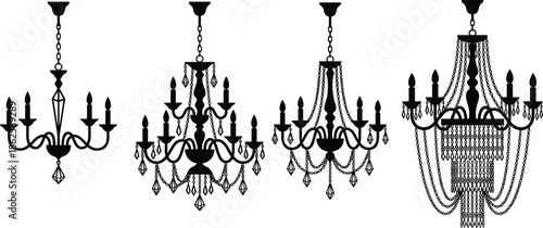 Classic chandelier silhouettes with crystal details elegant hanging ceiling lights black vector illustration isolated luxury interior decor set