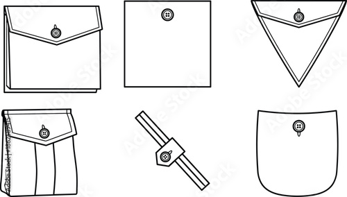Hand drawn envelope and pouch collection with button closure black and white outline vector illustration isolated stationery design set