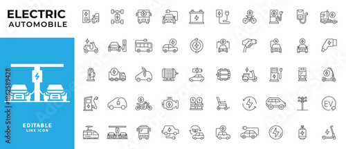 Electric automobile line icons. Eelectric bus, truck, vehicle, auto, charge station, parking. Outline editable stroke icon collection.