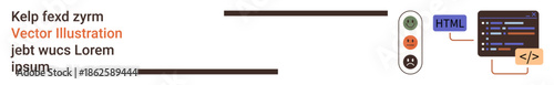 Web development, UI feedback, coding concepts, digital design, user experience evaluation, website analytics. emotion-based UI feedback next to HTML and code screen elements. Web development and UI