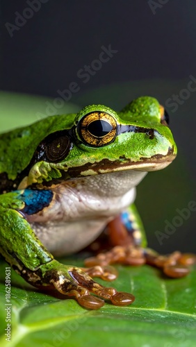 Close-up of a vibrant green frog resting on a lush green leaf