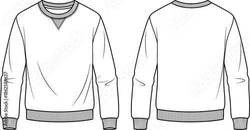 Men crew neck sweatshirt technical fashion illustration, front and back view, ribbed collar cuffs hem, classic casual apparel design