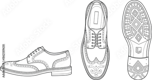 Men classic brogue oxford shoes technical illustration, side top and sole view, lace up leather footwear, detailed line art