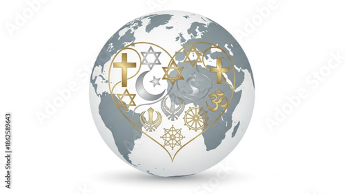 World Religions Symbols on Globe in Heart Shape, Interfaith Unity, Isolated on White and 3D Rendering