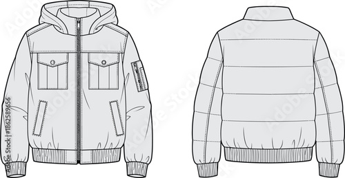Hooded puffer jacket technical fashion illustration front and back view winter padded outerwear apparel flat design