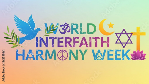 Interfaith Harmony Symbols with World Peace Dove, Cross, Star of David and Om, Lotus, Crescent Moon