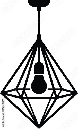 Modern geometric pendant light silhouette with hanging bulb black vector illustration isolated ceiling lamp contemporary interior lighting design