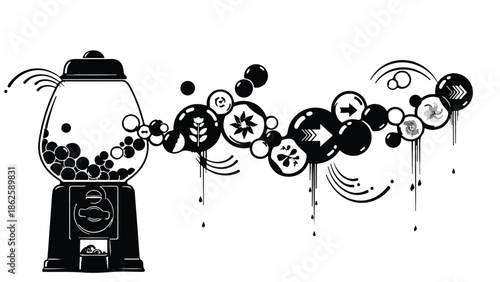 Whimsical gumball machine dispenses a stream of creative icons and symbols.