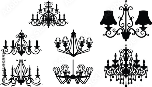Ornate chandelier silhouettes collection with vintage and modern ceiling light designs black vector illustration isolated interior decor set