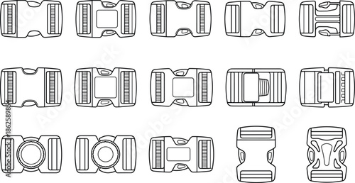 Plastic side release buckle collection technical outline illustration set black and white vector design for straps bags backpacks