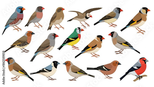Colorful Finches Isolated on White Background, Various Species and Plumage