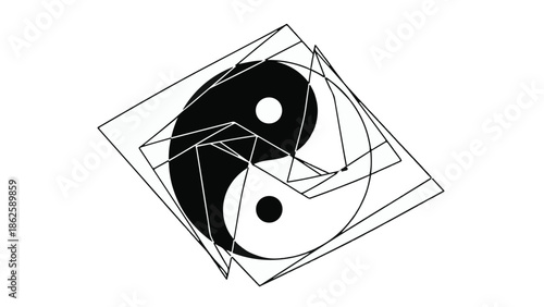 Abstract geometric design featuring a stylized yin yang symbol