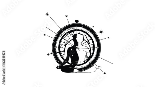 Silhouette of a person meditating within a celestial clock, symbolizing inner peace and cosmic connection.