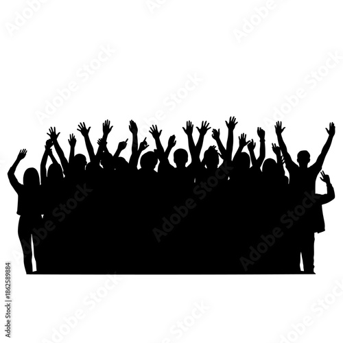 a large crowd of people with arms raised in celebration depicted as a striking silhouette
