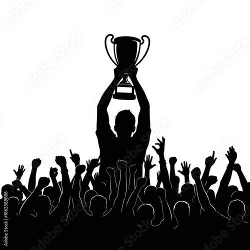 a victorious athlete raises a trophy in the air amidst a cheering crowd a striking silhouette