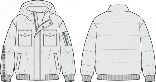 Puffer jacket technical fashion illustration front and back view winter hooded outerwear apparel design flat outline drawing