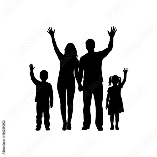 a happy family stands together with arms raised in a joyful pose showcased as a silhouette