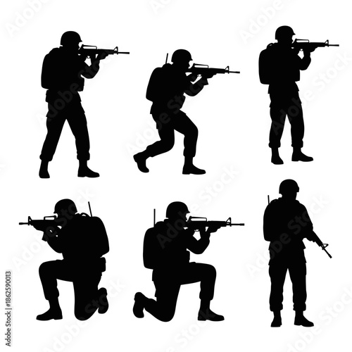 A collection of soldiers in dynamic combat poses aiming weapons depicted as a dark silhouette