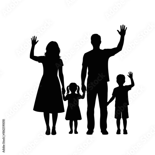 a family of four cheerfully waving with arms raised depicted as a striking black silhouette