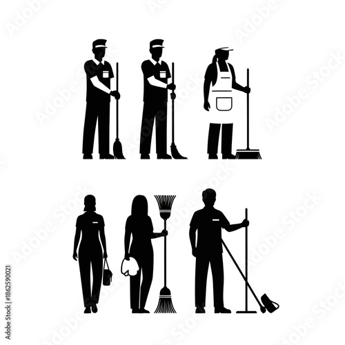 A collection of diverse cleaning professionals depicted in stark black silhouettes showcasing various tools and uniforms silhouette