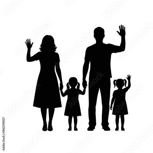 a family of five depicted in a dark striking outline waving cheerfully at the viewer silhouette