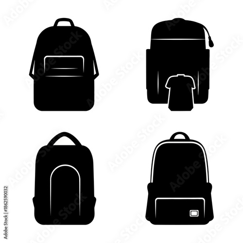 A collection of four different black backpack designs presented as a striking graphic silhouette high quality