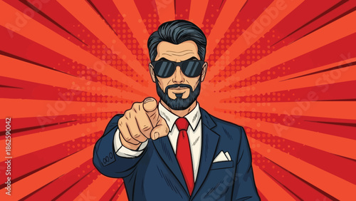 Pop art man pointing finger with serious face in sun glasses