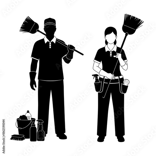 Two cleaning staff members with brooms and spray bottles shown in a striking black silhouette