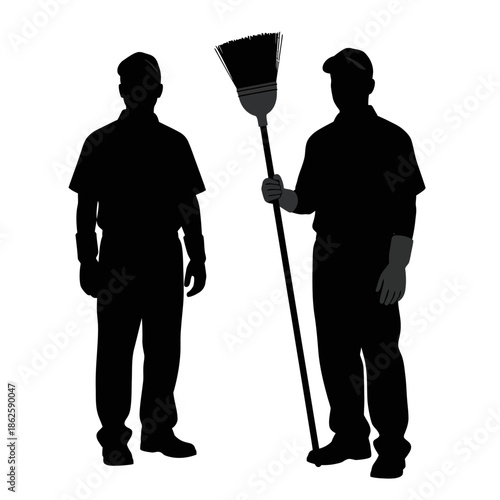 Two workers depicted in a dark contrasting silhouette one holding a broom signifying manual labor silhouette