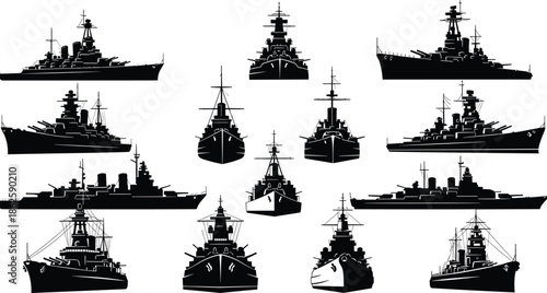 battleship silhouettes, naval vessels, warship icons, military ships, black outline, ship profiles, side view, front view, grid layout, maritime design