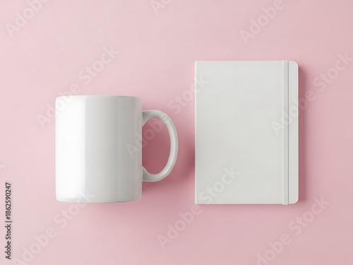 Blank White Coffee Mug and Notebook Branding Mockup Scene, Clean Minimalist Design on Solid Color Background