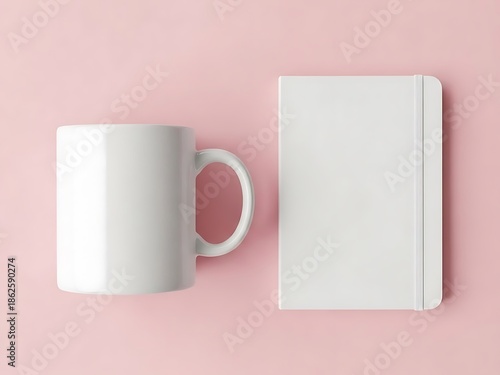 Blank White Coffee Mug and Notebook Branding Mockup Scene, Clean Minimalist Design on Solid Color Background