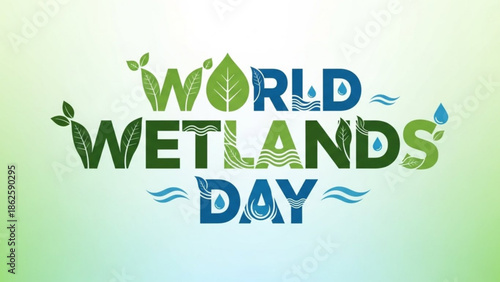 World Wetlands Day Poster with Green Leaves and Water Drops on Gradient Background