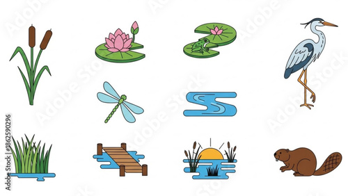 Wetland Wildlife Elements Set with Heron, Beaver, and Aquatic Plants