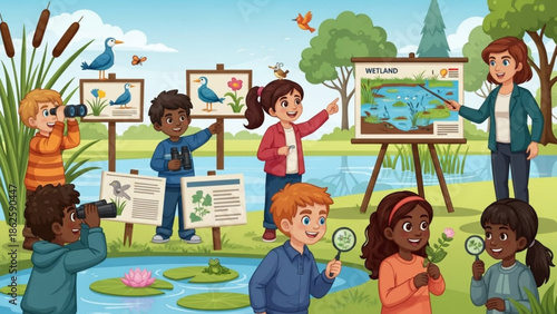 Diverse Children Exploring Nature with Magnifying Glasses in Green Park