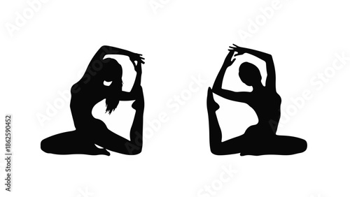 Two silhouetted figures in graceful yoga poses, symbolizing balance and flexibility.