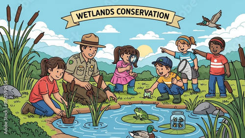 Diverse Children Planting Trees with Park Ranger in Wetlands Conservation Area during Daytime