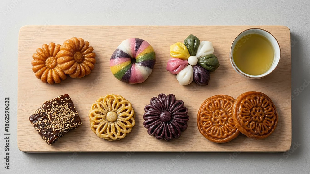Fototapeta premium Traditional korean dessert assortment on wooden tray with green tea cup yakgwa songpyeon and dasik for festive holiday