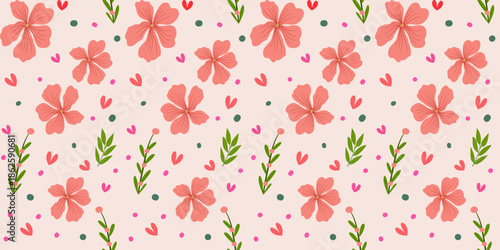 A seamless floral pattern in vector format, featuring pink flowers and heart shapes, perfect for a vintage spring Valentine's Day themed background.