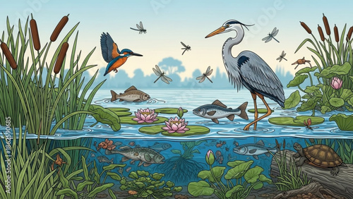 Grey Heron Standing on Log in Serene Lake with Kingfisher Flying by, Surrounded by Lush Greenery and Water Lilies