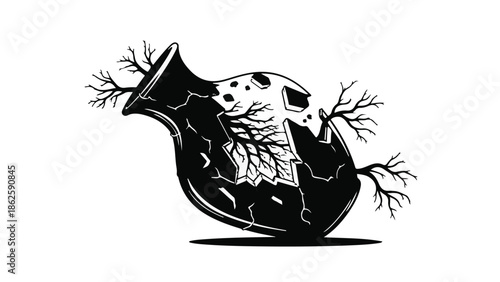 Broken vase with roots and branches growing, symbolizing nature's resilience and rebirth.