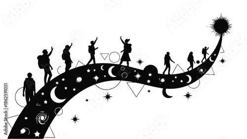 Silhouettes of hikers on a starry path leading to a bright sun, symbolizing journey and aspiration.