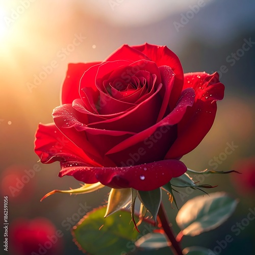 Close-up of a vibrant red rose in sunlight, blurred background