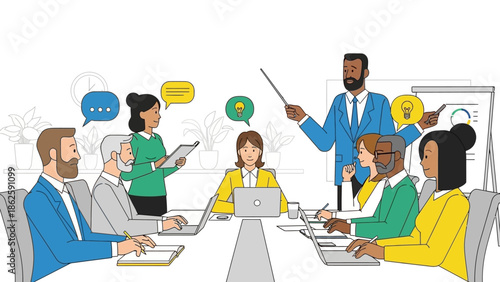 Diverse team brainstorming session with laptops and speech bubbles.