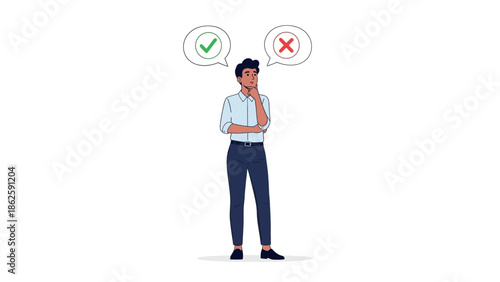 Man thinking with yes and no thought bubbles decision making concept.