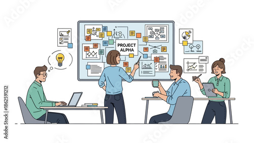 Team Brainstorming Session with Project Plan on Whiteboard.