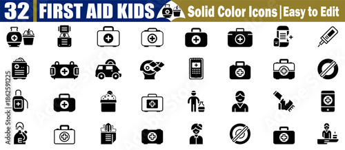 First aid kids icons collection with medical emergency and healthcare symbols Vector Illustration.