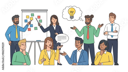 Diverse team brainstorming business ideas together.