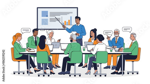 Business meeting presentation team discussion strategy session.