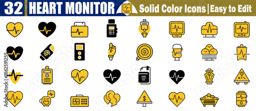 Heart monitor icons set with EKG heartbeat and medical equipment symbols Vector Illustration.